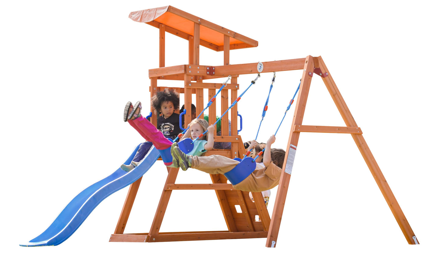 Dolphin Playground Wooden Swing Sets for Backyard, Playground Sets for Backyards with Slide, Sandbox, Climbing Wall, and 2 Belt Swings, Outdoor Playset, Backyard Playground Set, Ages 2-6