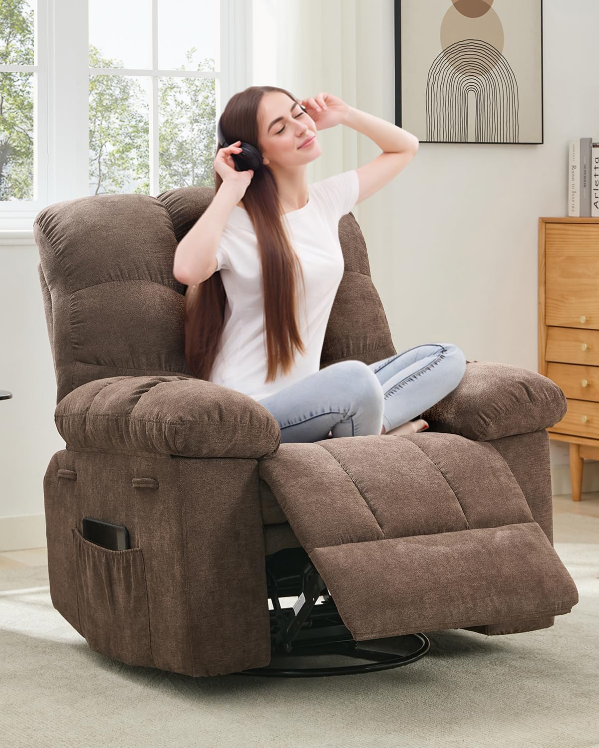 Adult Rocker Swivel Recliner Chair - Soft Fabric Overstuffed Manual Glider, Comfy Nursery Rocking Sofa Chair for Living Room OUTGOODS