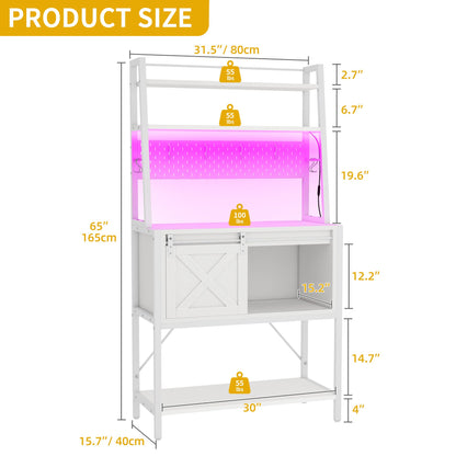 DWVO Bakers Rack with Power Outlet and LED Light, Microwave Stand Cabinet with Sliding Storage Drawer Barn Door, Farmhouse Kitchen Tall Coffee Bar Table with 4-Tiers Shelf and 8 Hooks (White)