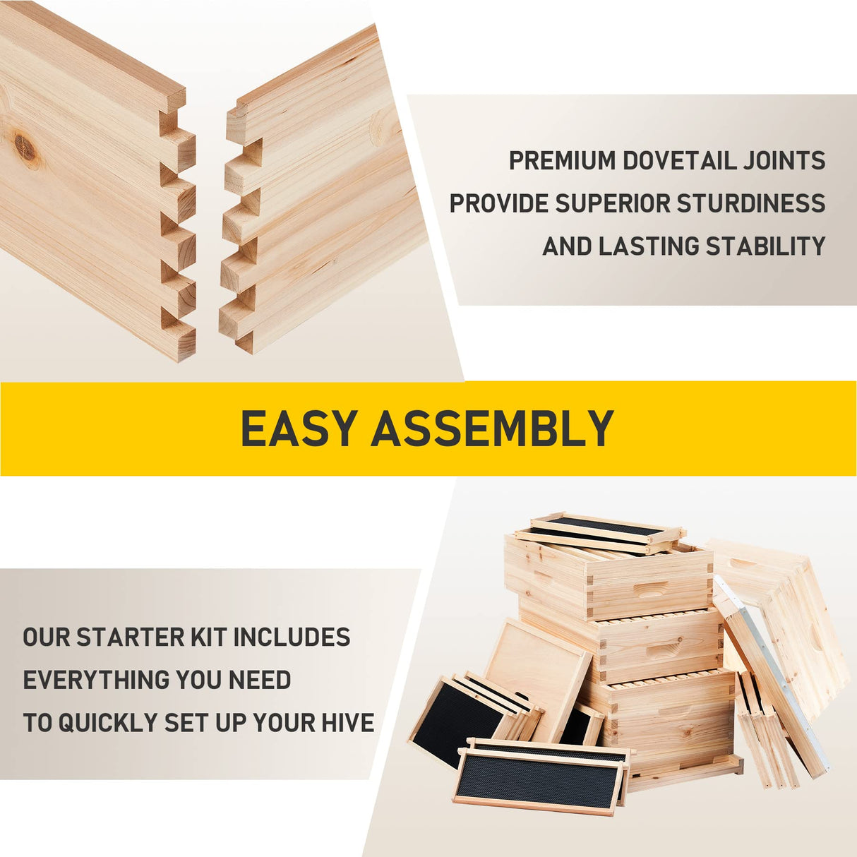 CREWORKS Bee Hive Boxes Starter Kit, Langstroth Beehive for Bee Keeping, 4 Layer Bee House with 20 Medium and 20 Deep Frames & Foundations, Beekeeping Supplies with Plastic Queen Excluder and Nails CREWORKS