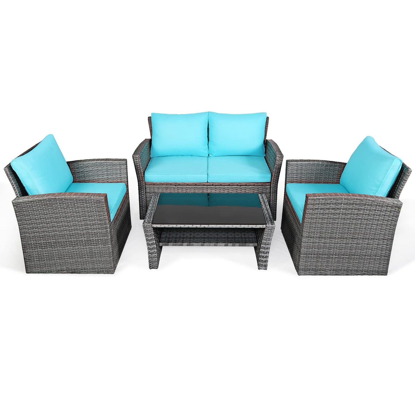 COSTWAY 4 Pieces Patio Rattan Furniture Set, Outdoor Wicker Sofa Set with Tempered Glass Coffee Table, Cushions, All Weather Rattan Conversation Set for Yard Balcony Backyard Pool, Turquoise