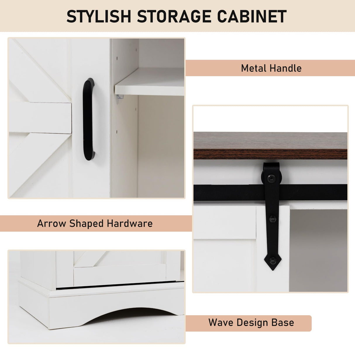 Hlivelood Farmhouse Coffee Bar Cabinet, White Buffet Storage Cabinet with Sliding Barn Door, 31.5” Kitchen Sideboard Accent Cabinet Adjustable Shelf, Dining Room Living Room Entryway, White & Brown Hlivelood