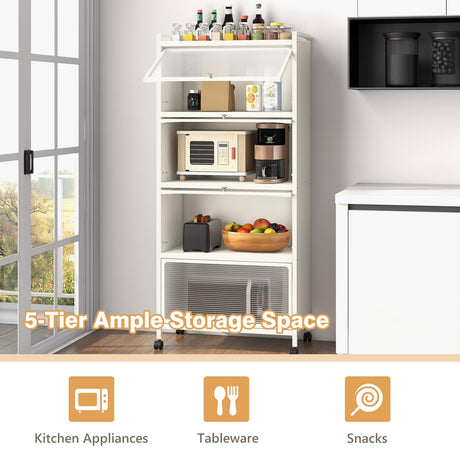Giantex 5-Tier Kitchen Storage Cabinet, Mobile Microwave Stand with Flip-up PC Doors, Freestanding Kitchen Bakers Rack with 4 Rolling Casters, for Dining Room, Living Room and Study (White) Giantex