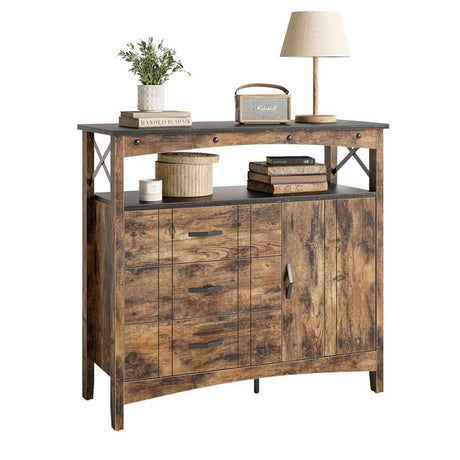 Bestier Buffet Hallway and Living Room Storage Cabinet with 3 Drawers for Home Office and Bedroom for Decluttering and Organization, Rustic Brown Bestier