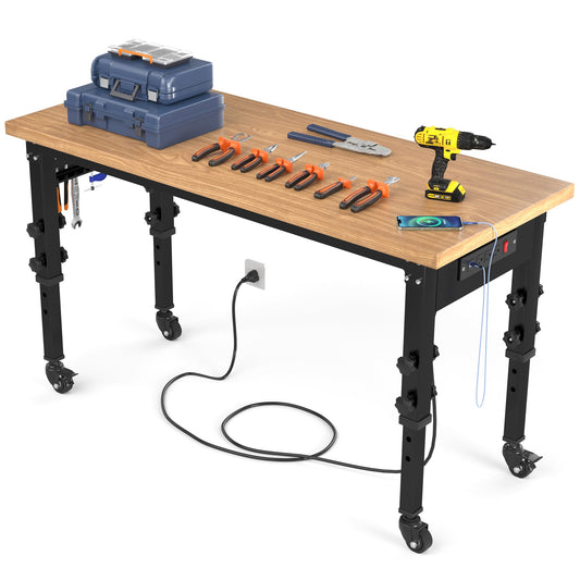 YITAHOME Adjustable Workbench 60" L X 20" W Work Bench for Garage W/Pegboard & Power Outlets Top Heavy-Duty Workstation, 1600 LBS Load Capacity with Wheels for Workshop, Office, Home Outdoor - WoodArtSupply