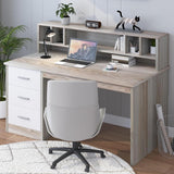 MaverickFurni Walnut and White Desk with 3 Drawers, Small Desk with Storage, Study Desk with Hutch, Kids Desk with Drawers, Wooden Computer Desk for Bedroom MaverickFurni