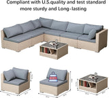 7-Piece Patio Furniture Set, Outdoor Wicker Conversation Set Sectional Sofa with Waterproof Thick Cushions and Coffee Table, Grey Earth patio