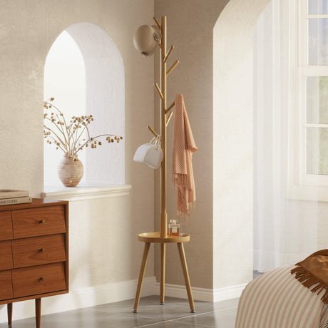 GREENSTELL Coat Rack with 8 Hooks, Wooden Coat Rack Freestanding with Shelf, Coat Tree with 4 Height Options 50.5"-72.6", Coat Hanger Stand for Bags, Clothes, Umbrellas, Hats, in Home, Natural GREENSTELL