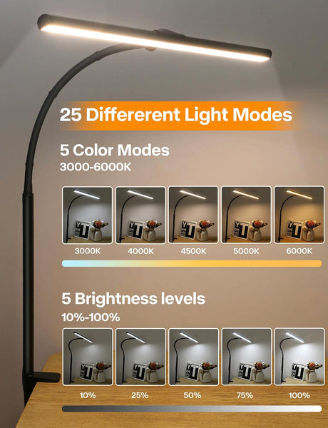 ACNCTOP Desk Lamp for Office Home - Eye-Caring Architect Task Lamp 25 Lighting Modes Adjustable LED Desk Lamp Flexible Gooseneck Clamp Light for Workbench Drafting Reading Study ACNCTOP