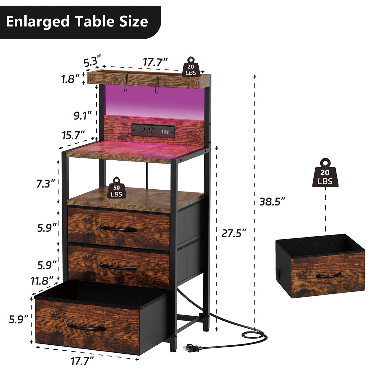 SZLHANJZ Nightstands Set of 2 with Outlet and USB C Port, Bedroom Night Stand with Led Lights and 3 Fabric Drawers, Matching Bedside Tables with Hooks, Vintage Style Storage End Tables, Rustic Brown SZLHANJZ