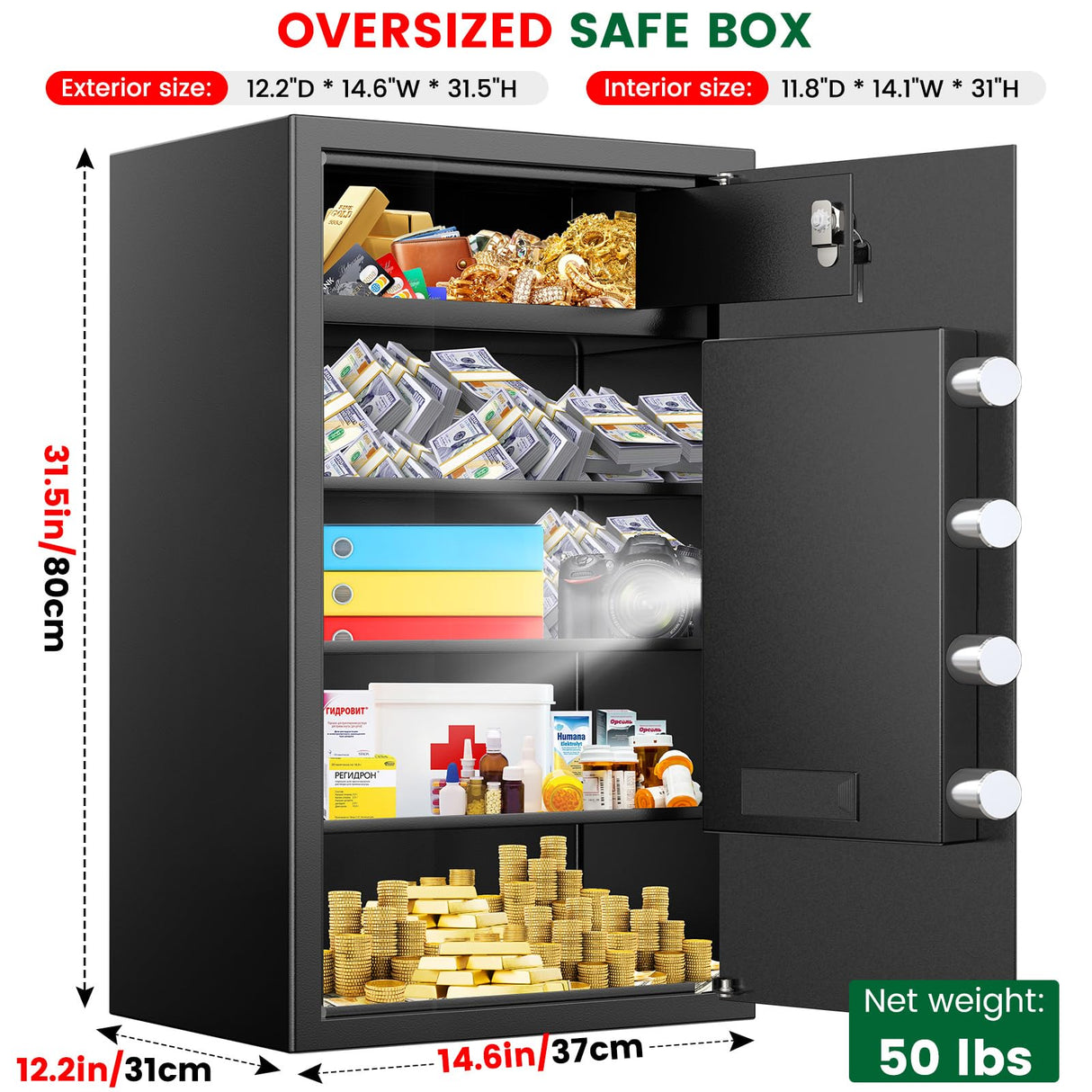 8.1 Cuft Large Home Safe Fireproof Waterproof, Home Safe Box With Fireproof Waterproof Bag, Combination Lock and Inner Cabinet, Anti-Theft Alert, Mute Mode, Document Safes For Home Business Office GHJGAGE