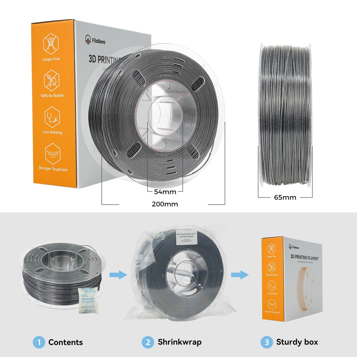 FilaBees ASA Filament 1.75mm Sparkle Storm Gray,ASA 3D Printer Filament 1kg(2.2lbs),Heat&Weather Resistant&High UV Resistance 3D Printing Filament±0.02mm Perfect for Printing Outdoor Functional Parts FilaBees
