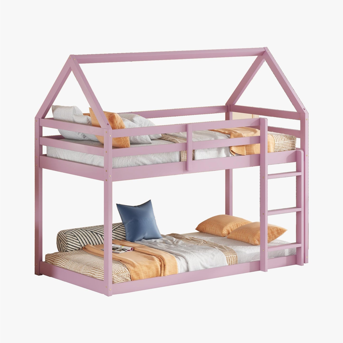 Twin Over Twin House Bunk Bed for Kids,Twin Size Low Bunk Beds with Ladder,Floor Bunk Bed Twin Over Twin,Solid Bunk Bed for Girls Boys,Pink