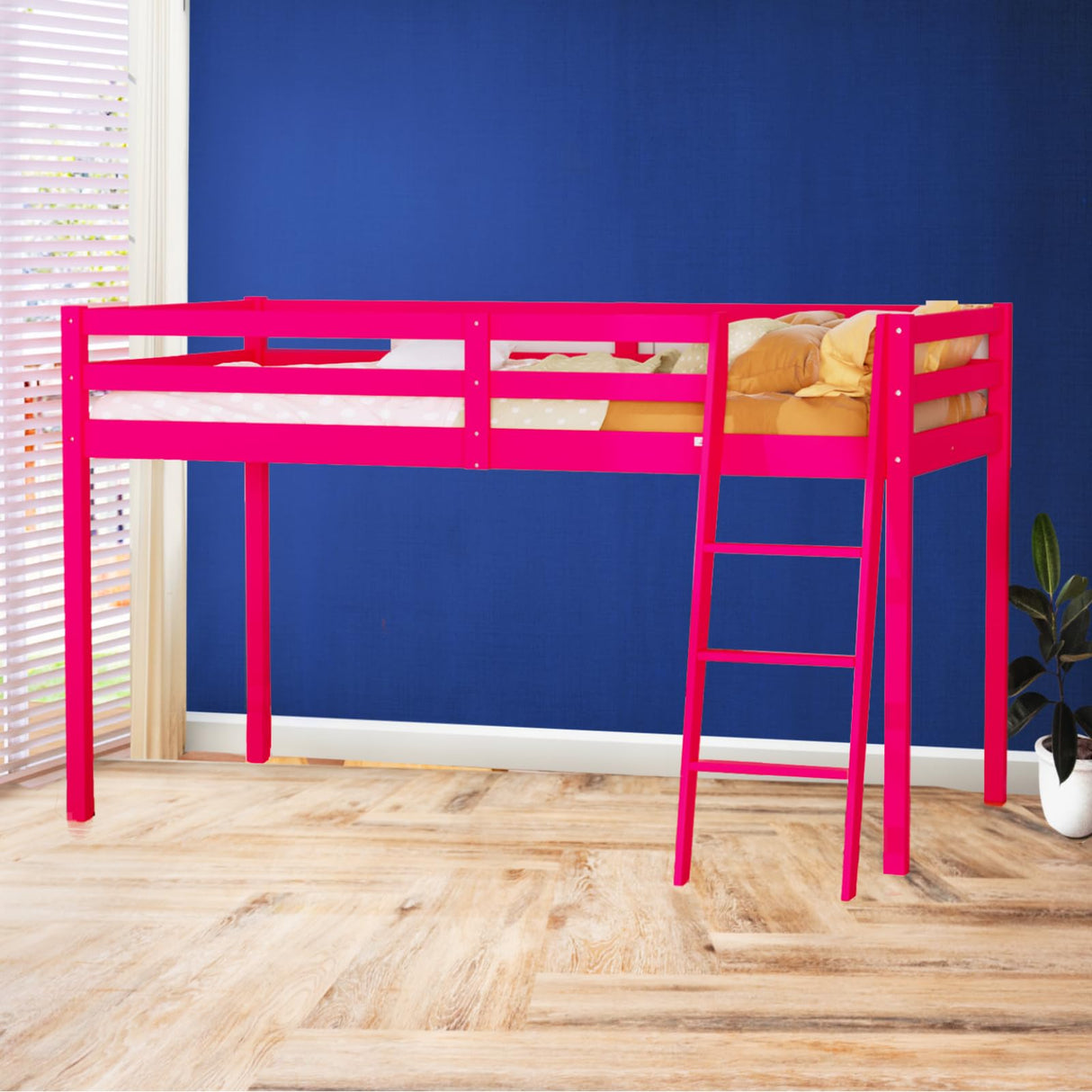 Bonnlo Low Loft Bed Twin Size with Inclined Stairs, Junior Loft Bed with High Guard Rail for Kids/Young Teens/Adults, Solid Wood Low Bunk Bed Twin Size Pink, No Box Spring Required Bonnlo