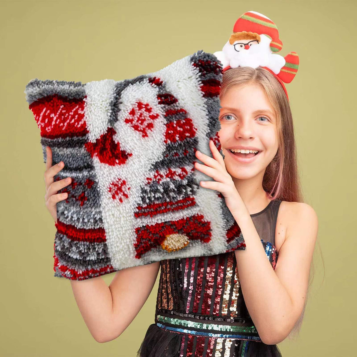 LAPATAIN Latch Hook Kits for DIY Throw Pillow Cover,Needlework Cushion Cover Hand Craft Crochet for Great Family 17X17inch Christmas Hat LAPATAIN