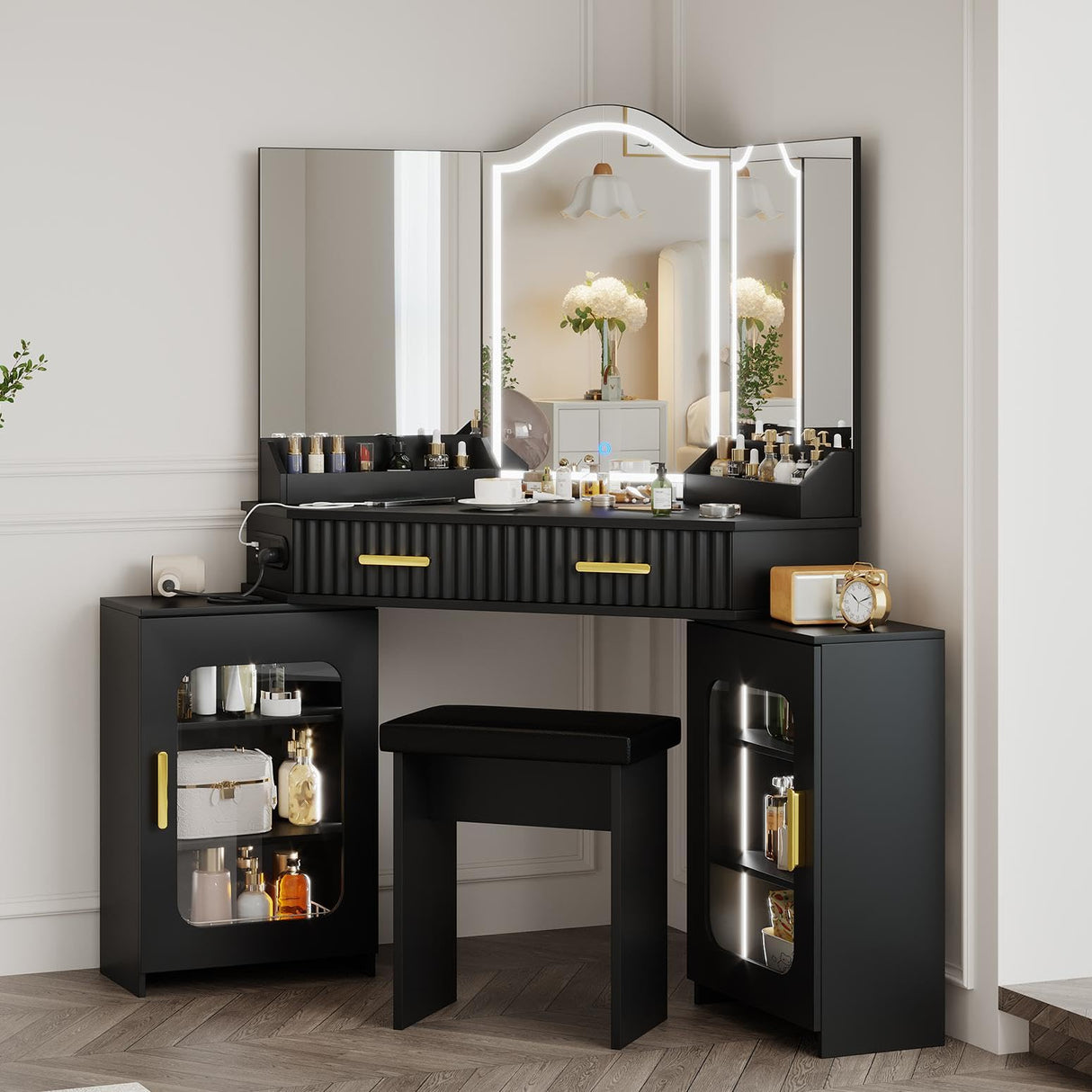 Casvik Corner Vanity Desk with 3 Way Mirror and Lights, 54" Modern Fluted Makeup Vanity with 2 Drawers & 2 Storage Cabinet, Charging Station, Stool, Large Bedroom Dressing Table for Women (Gold+Black) Casvik