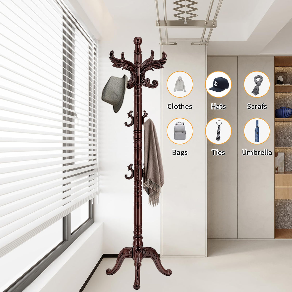 Wooden Coat Rack Stand Sturdy Triangle Base, Natural Birch Wood Coat Racks Freestanding, Vintage Solid Coat Tree Stand with 14 Hooks, Classic Sturdy Coat Racks Hall Tree for Entryway, Office Snaikor