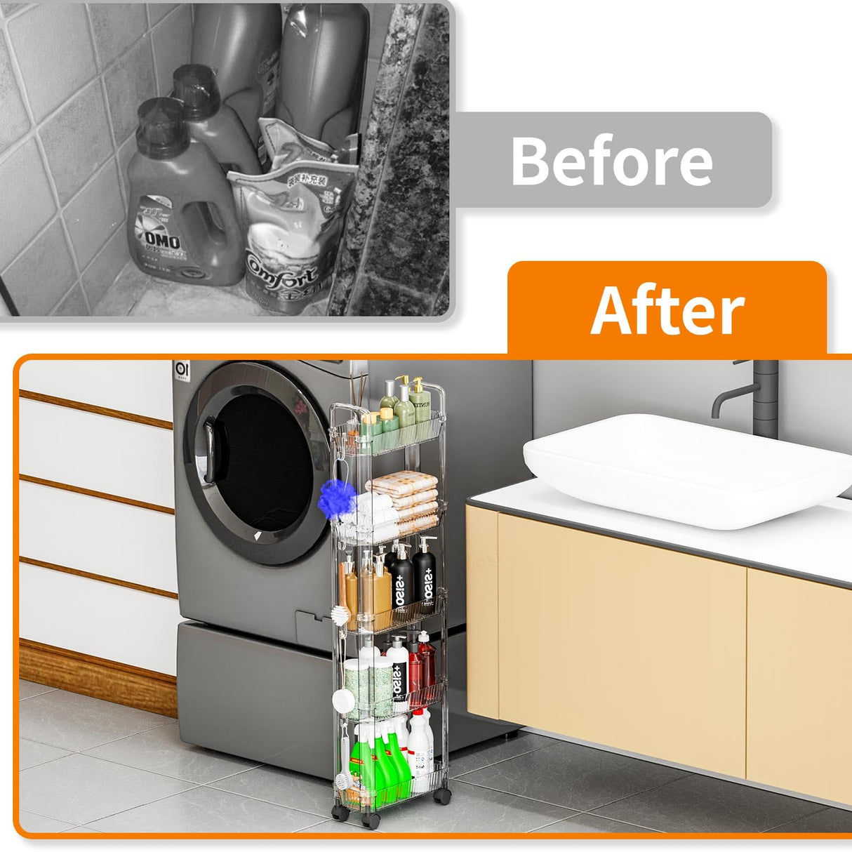 Yieach 4 Tier Rolling Cart with Wheels,Clear Narrow Bathroom Rack Organizer,Slim Storage Cart,Three Tier Thin Shelf and Narrow Rolling Utility Cart for Small Space Shelf,Dorm Room,Kitchen,Laundry Yieach