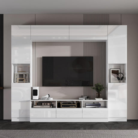 AIEGLE High Gloss Entertainment Center with Storage Bridge, Modern Media Console Table Wall Unit with Cable Management for 70 75 inch TV, TV Stand Set, White, 94.5”W AIEGLE