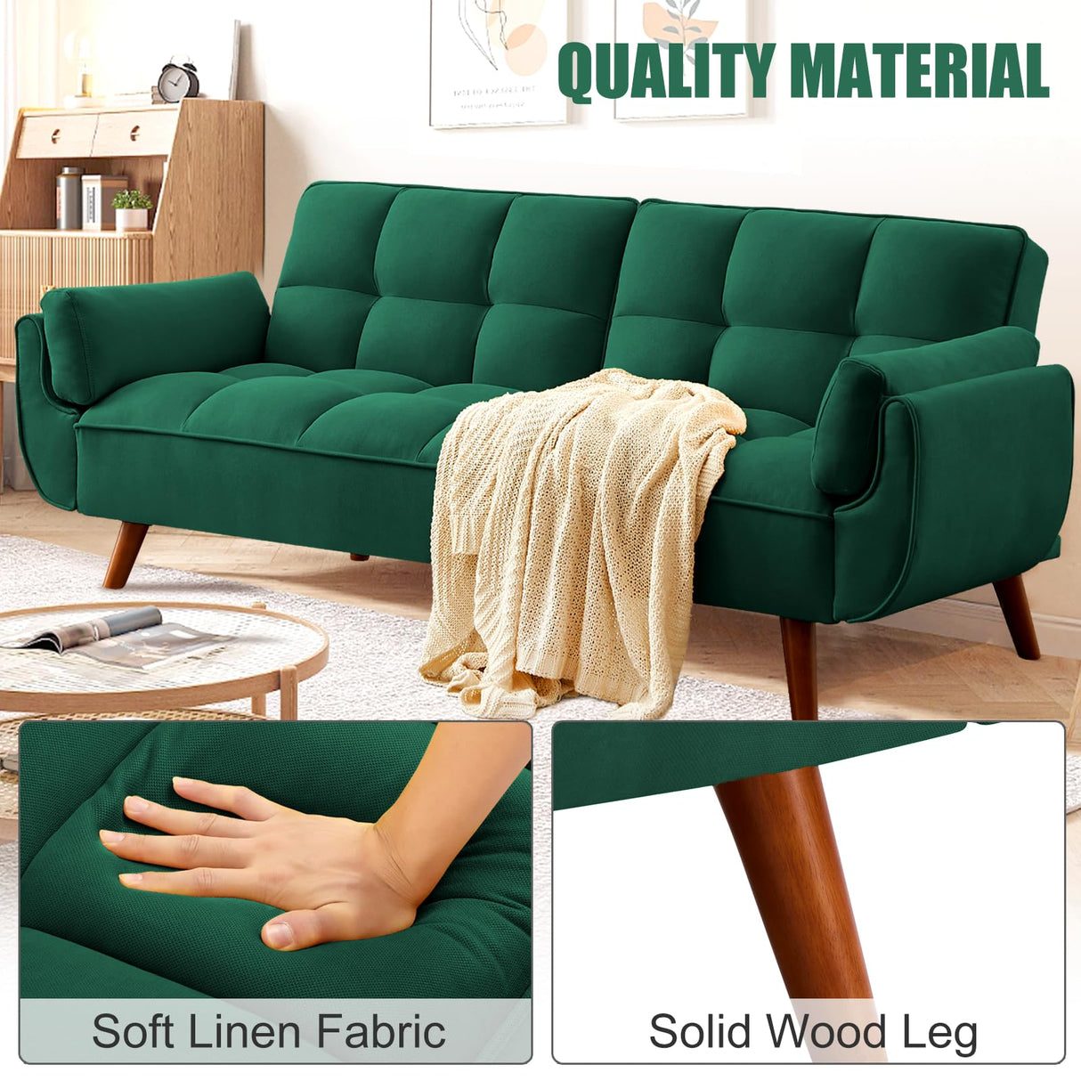 liuyouhom Convertible Futon Couch Bed, Sleeper Sofa Bed with Adjustable Backrests, Linen Loveseat Sofa 3 Seater Comfy Couch for Small Spaces, Living Room, Bedroom(Green, 75") liuyouhom