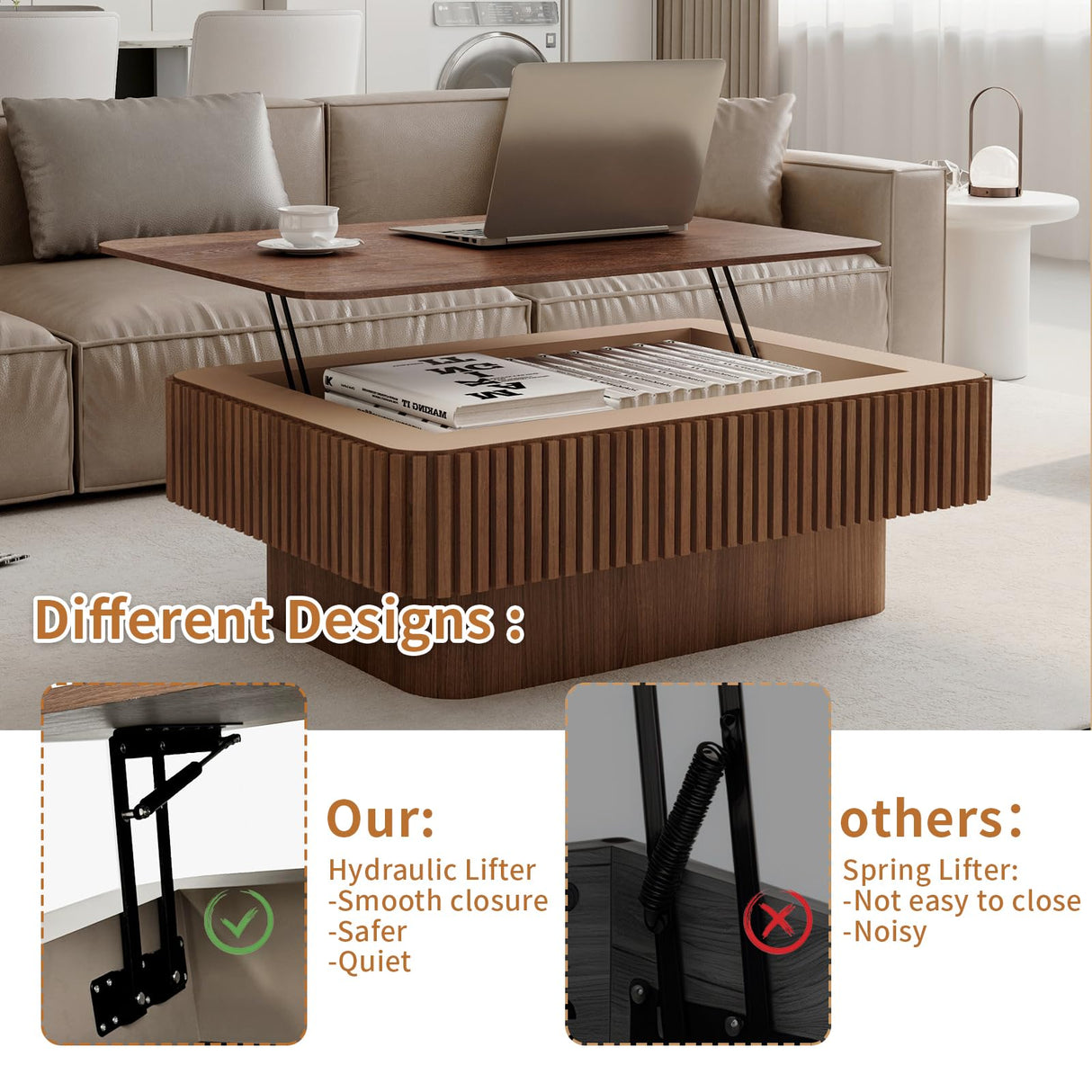 LKTART 38.6''Walnut Fluted Lift Top Coffee Table Modern Handcraft Drum Wooden Solid Wood Veneer Tea Table for Living Room Apartment(Hidden Storage) LKTART