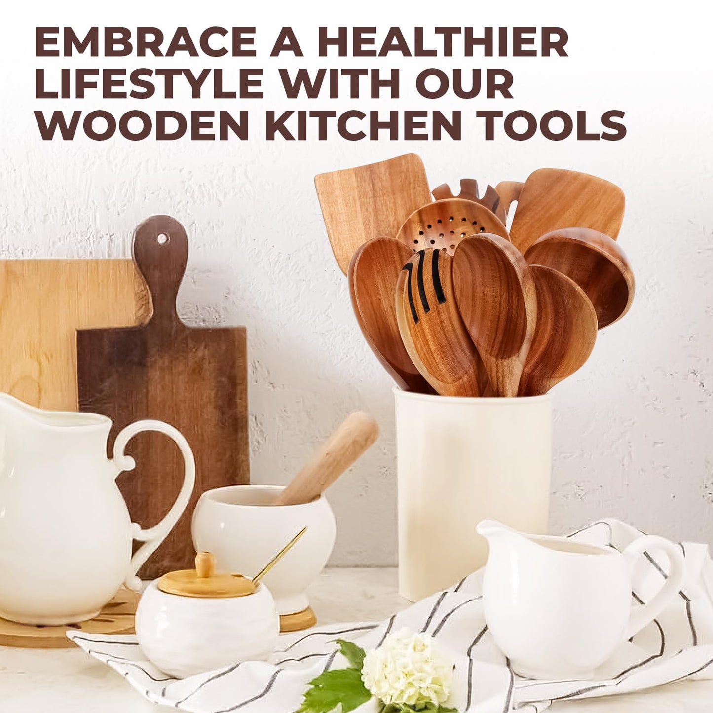 AIUHI Wooden Kitchen Utensils Set, Smooth Finish Wooden Spoons for Cooking, Teak Wood Cooking Utensils Set for Kitchen Essential Tools