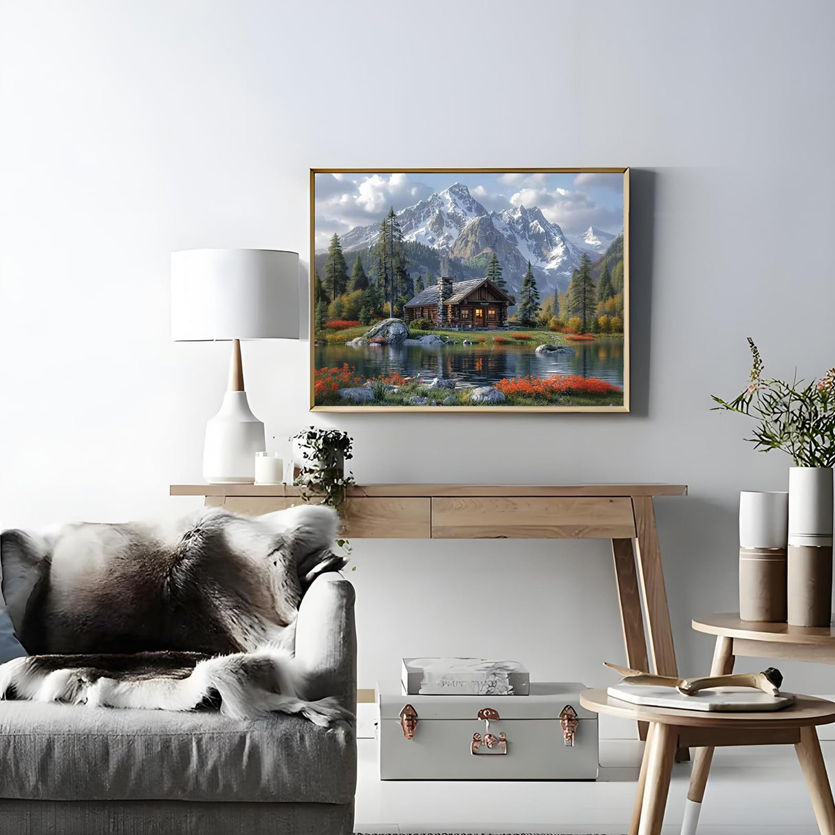 Shouruihua Diamond Art Kit Mountain Scene, Diamond Painting Kits for Adults Cabin Mountains Water, DIY Full Round Drill Diamond Dots with Forest Landscape Gem Arts for Home Wall Decor 16x12 inch Shouruihua