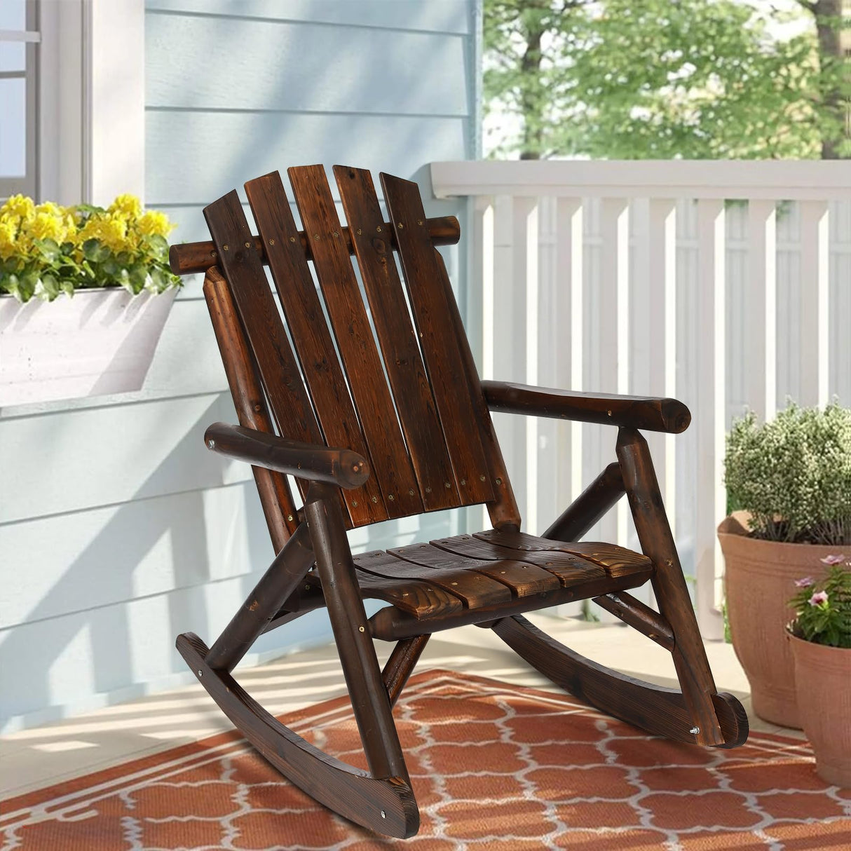HOMEDIARY Wooden Adirondack Rocking Chair, Patio Log Rocker Outdoor Lounge Chair with Slatted Wooden Design, High Fanned Back & Classic Rustic Style for Garden Patio Backyard Porch, Carbonized HOMEDIARY