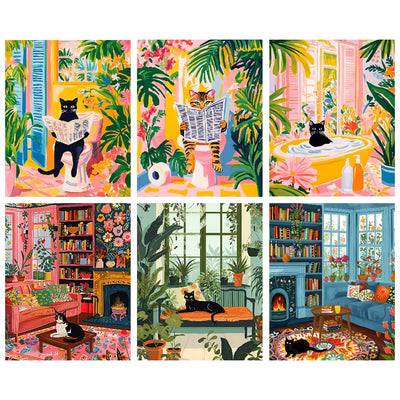 Canrichshop 6 Pack Cat Paint by Numbers Kit for Adults Without Frame,Funny Black Cat DIY Adults' Paint-by-Number Kits on Canvas,Easy Acrylic Painting Beginners Decor 9.8x13.8 Inch