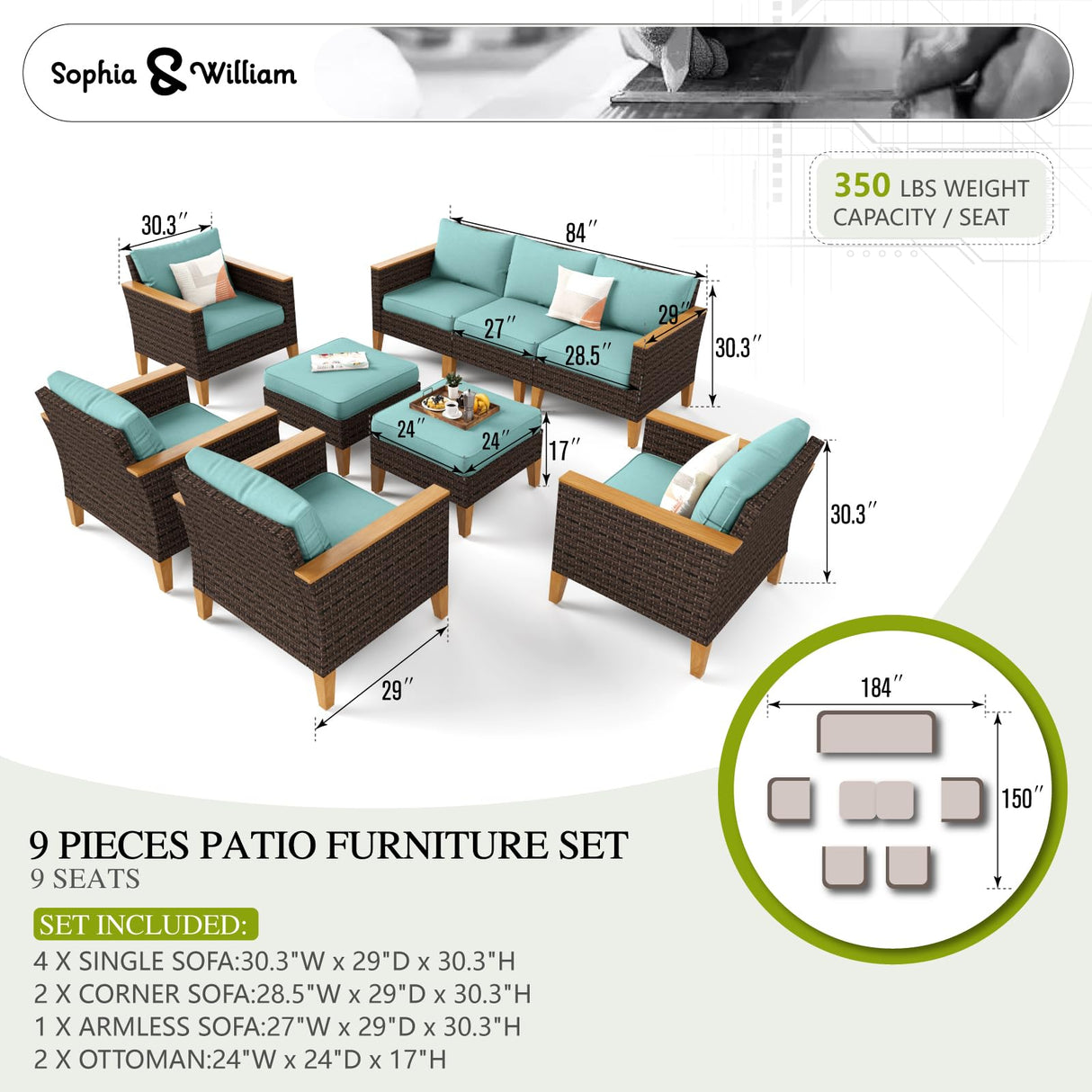 Sophia & William Patio Furniture Set 9 Piece Outdoor Wicker Furniture Sectional Sofa, Extra Large Patio Rattan Conversation Set with Ottoman for Backyard, Deck, Pool(Aqua Blue) Sophia & William