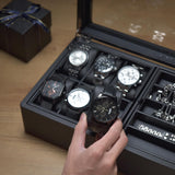 Vlando 6-Slot Watch Box Organize, Lockable Watch Case with Textured Leather, 2 Layer Watch Holder for Rings, Bracelets, Glasses, Glass Lid, Removable Divider, Gift for Fathers, Husband, Friend, Black Vlando
