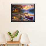 SKRYUIE 5D Sunset Lake Cabin Boat Diamond Painting Kits - DIY Diamond Art Kits for Adults Landscape, Full Round Drill - Crystal Cross Stitch - Adults Craft for Wall & Office Decor - 12x16 inch SKRYUIE