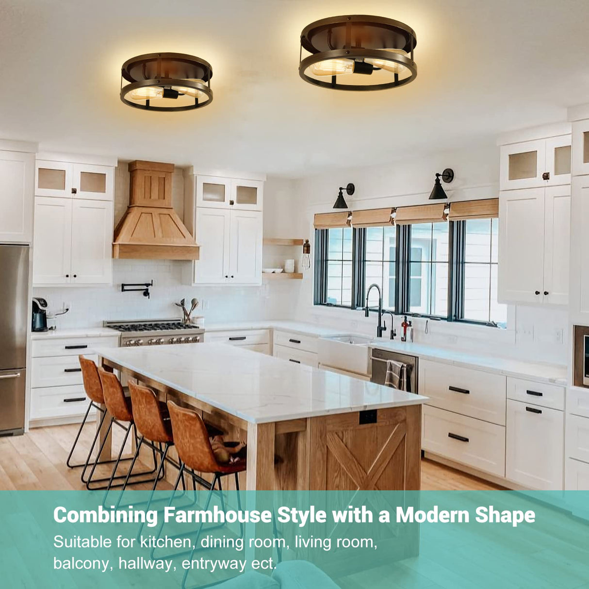 EAPUDUN Farmhouse Ceiling Light, 13‘’ Imitation Wooden Flush Mount Ceiling Light Fixtures, Retro 2-Light Ceiling Lamp for Hallway Entryway Bedroom Kitchen Dining Room FMA1138-FBDT EAPUDUN