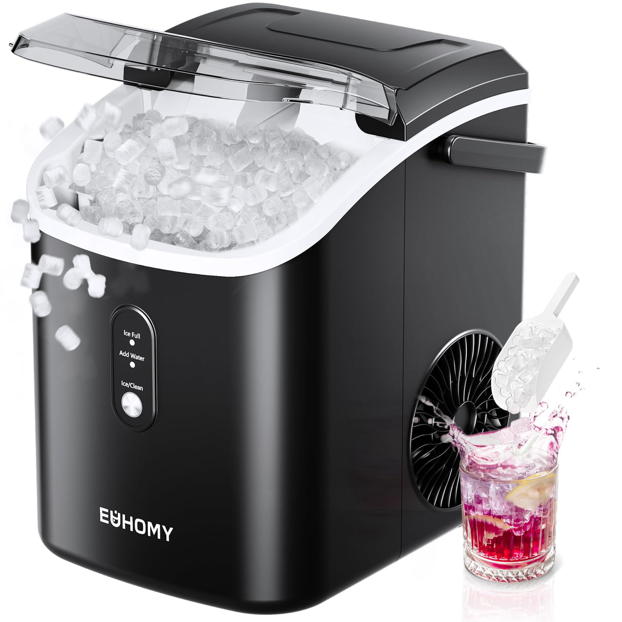 EUHOMY Nugget Ice Maker Countertop with Handle, Ready in 6 Mins, 34lbs Per Day, Removable Top Cover, Auto-Cleaning, Portable Sonic Ice Maker with Basket and Scoop, for Home/Party/RV/Camping (Black) EUHOMY