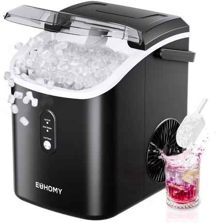EUHOMY Nugget Ice Maker Countertop with Handle, Ready in 6 Mins, 34lbs Per Day, Removable Top Cover, Auto-Cleaning, Portable Sonic Ice Maker with Basket and Scoop, for Home/Party/RV/Camping (Black) EUHOMY