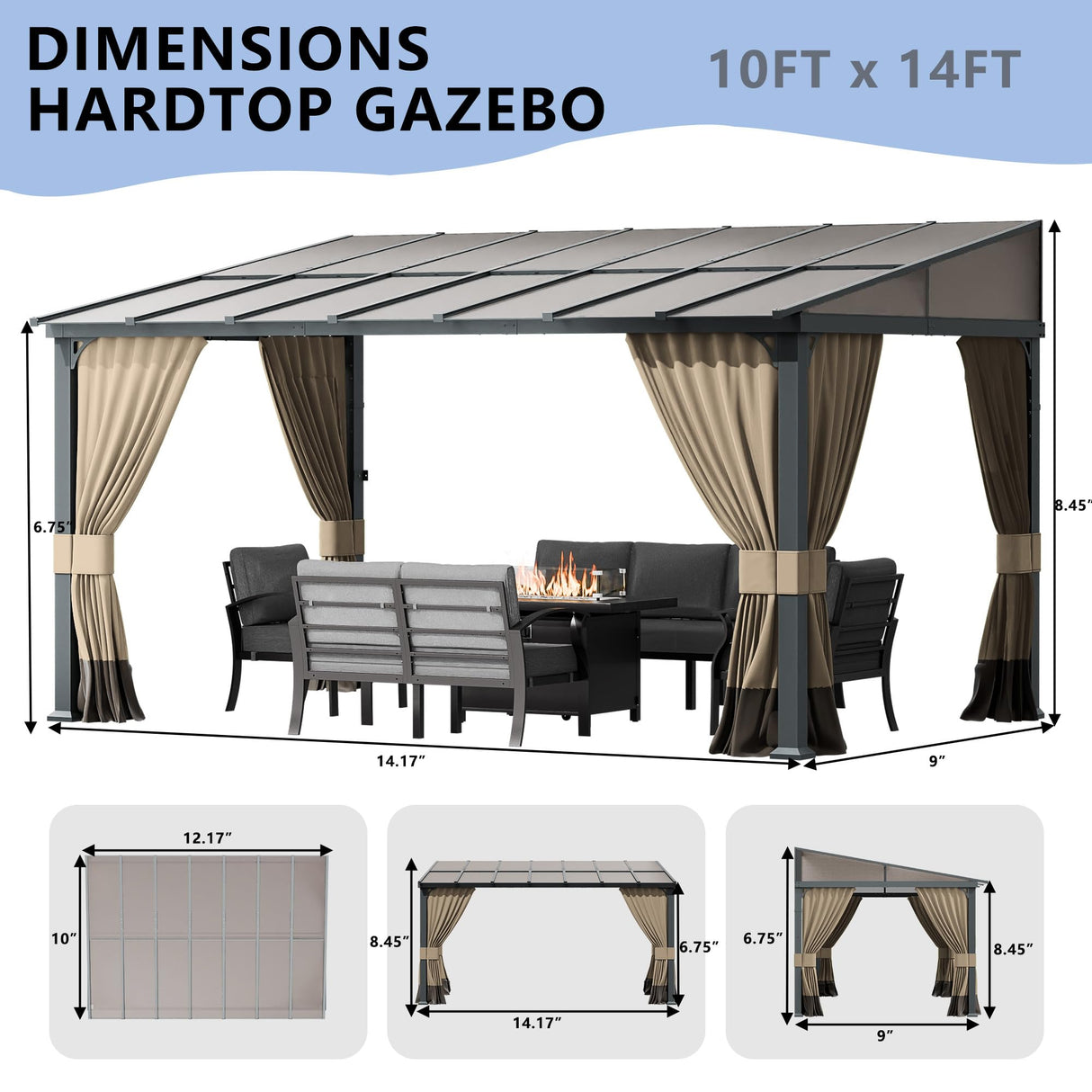 ASJMR 10x14FT Gazebo, Hardtop Wall Mounted Gazebo with Sloping Sun Panel Roof, Awnings for Patio with Metal Frame, Double Curtains for Garden, Lawn, Backyard Deck, Sand ASJMR