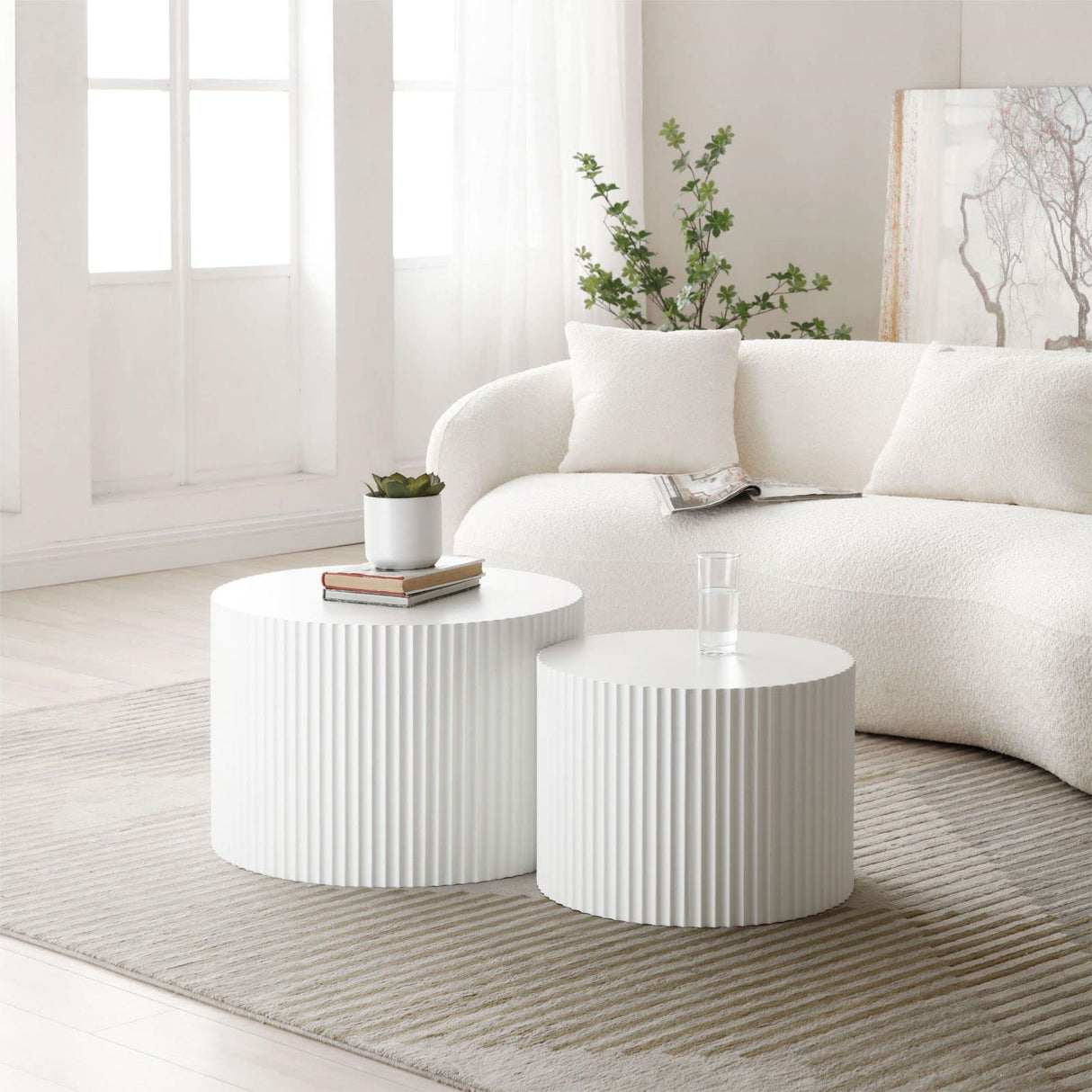 KEVINSPACE Round Coffee Table Set of 2 Nesting Coffee Table Modern for Living Room, Round End Table Set, Wooden Circle Side Table No Need Assembly Accent Furniture for Bedroom Balcony Lounge White KEVINSPACE