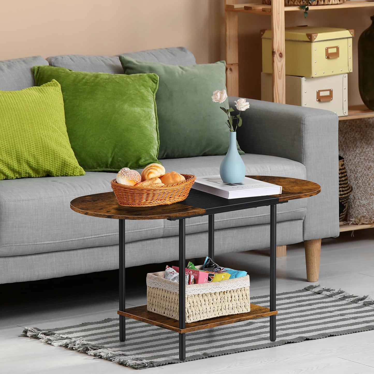 ETELI Small Round Coffee Tables for Small Space Farmhouse Oval Coffee Table with 2-Tier Storage Shelf Circle Center Tea Table for Living - WoodArtSupply