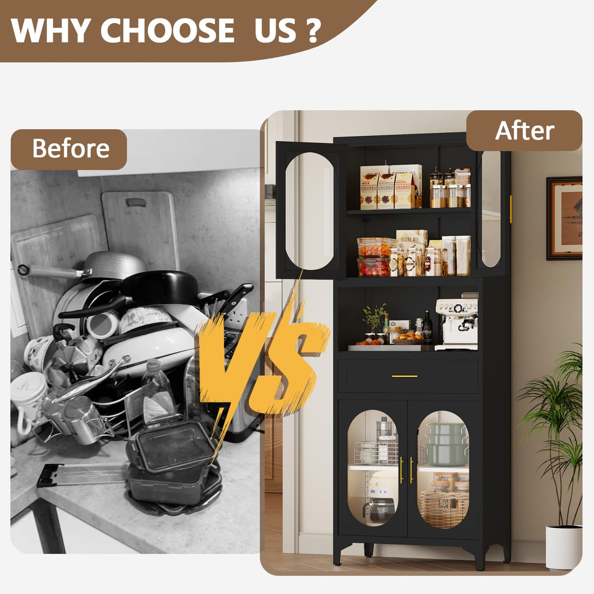 VRTCP 75" H Tall Kitchen Pantry Storage Cabinet with 4 Glass Door, Black Metal Storage Cabinet with Drawer and 2 Adjustable Shelves, Kitchen Pantry Cupboard for Living Room, Dining Room VRTCP