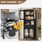 VRTCP 75" H Tall Kitchen Pantry Storage Cabinet with 4 Glass Door, Black Metal Storage Cabinet with Drawer and 2 Adjustable Shelves, Kitchen Pantry Cupboard for Living Room, Dining Room VRTCP