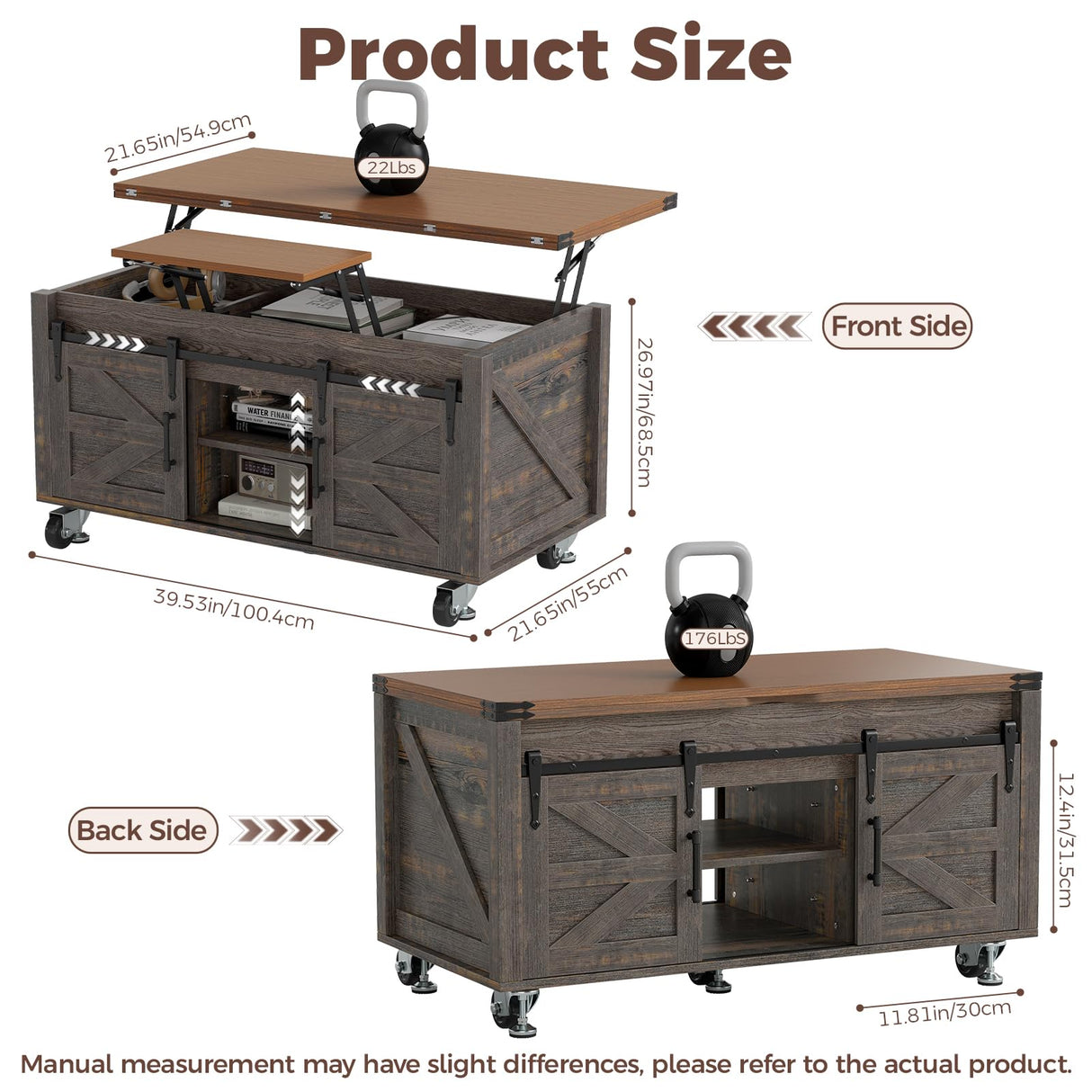 Turosur Lift Top Coffee Table with Storage, 4 in 1 Farmhouse Coffee Table with Lockable Rolling Wheels and Hidden Compartment, Center Table with 4 Sliding Barn Door for Living Room Turosur