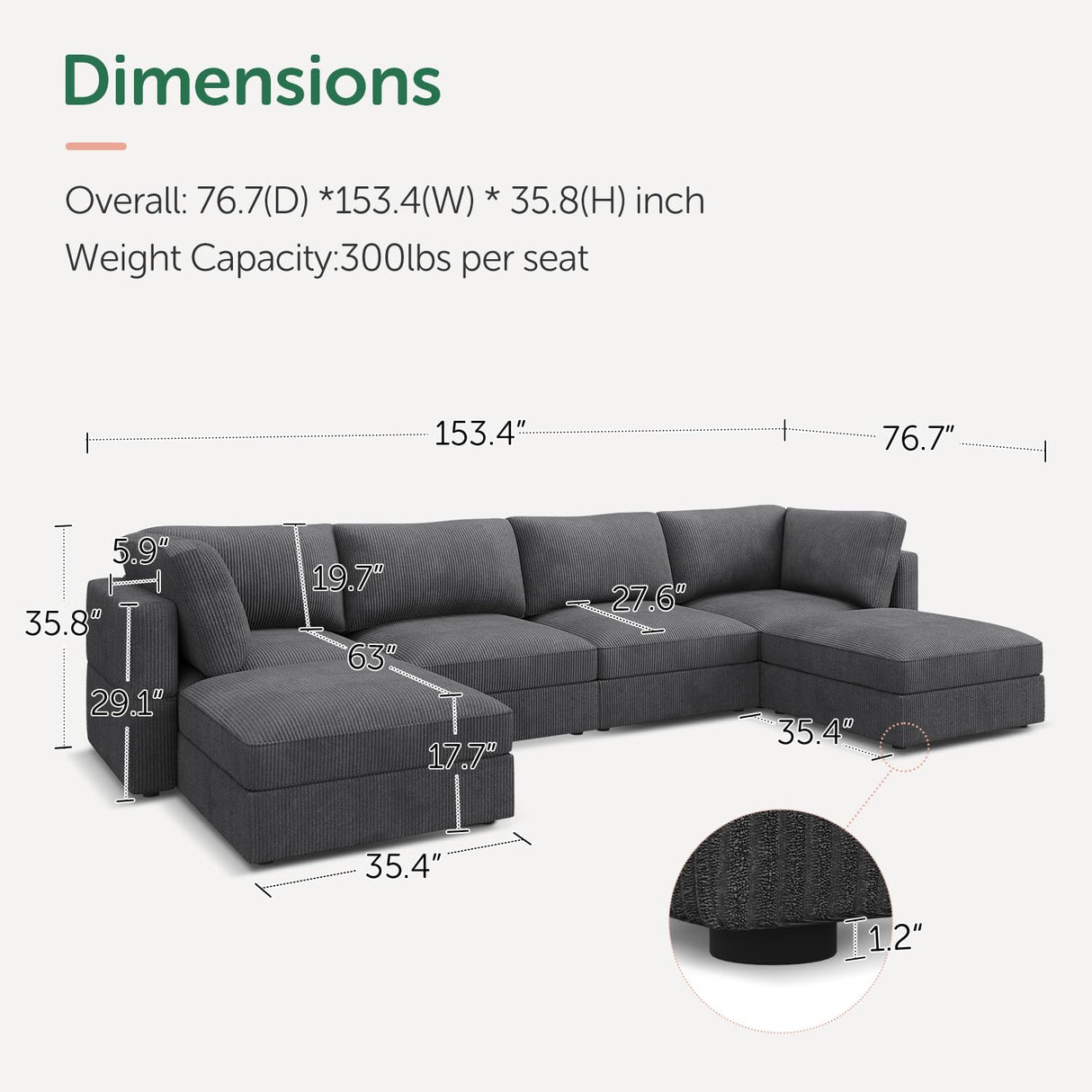 HONBAY Modular Sectional Couch with Storage Corduroy Sectional Sofa with Chaise U Shaped Sectional Couches for Living Room,Dark Grey HONBAY
