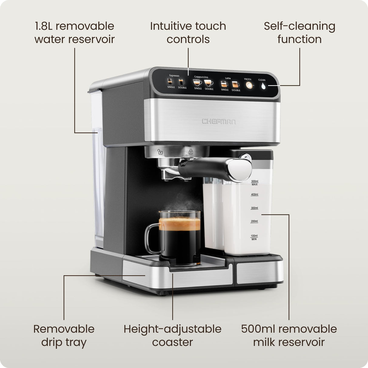 Chefman CaféMaster Pro Espresso Machine, Brew Single or Double Shots, Coffee Maker with Built-In Milk Frother for Cappuccino & Latte, XL 1.8 Liter Removable Water Reservoir - Stainless Steel Chefman