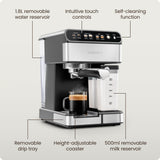 Chefman CaféMaster Pro Espresso Machine, Brew Single or Double Shots, Coffee Maker with Built-In Milk Frother for Cappuccino & Latte, XL 1.8 Liter Removable Water Reservoir - Stainless Steel Chefman