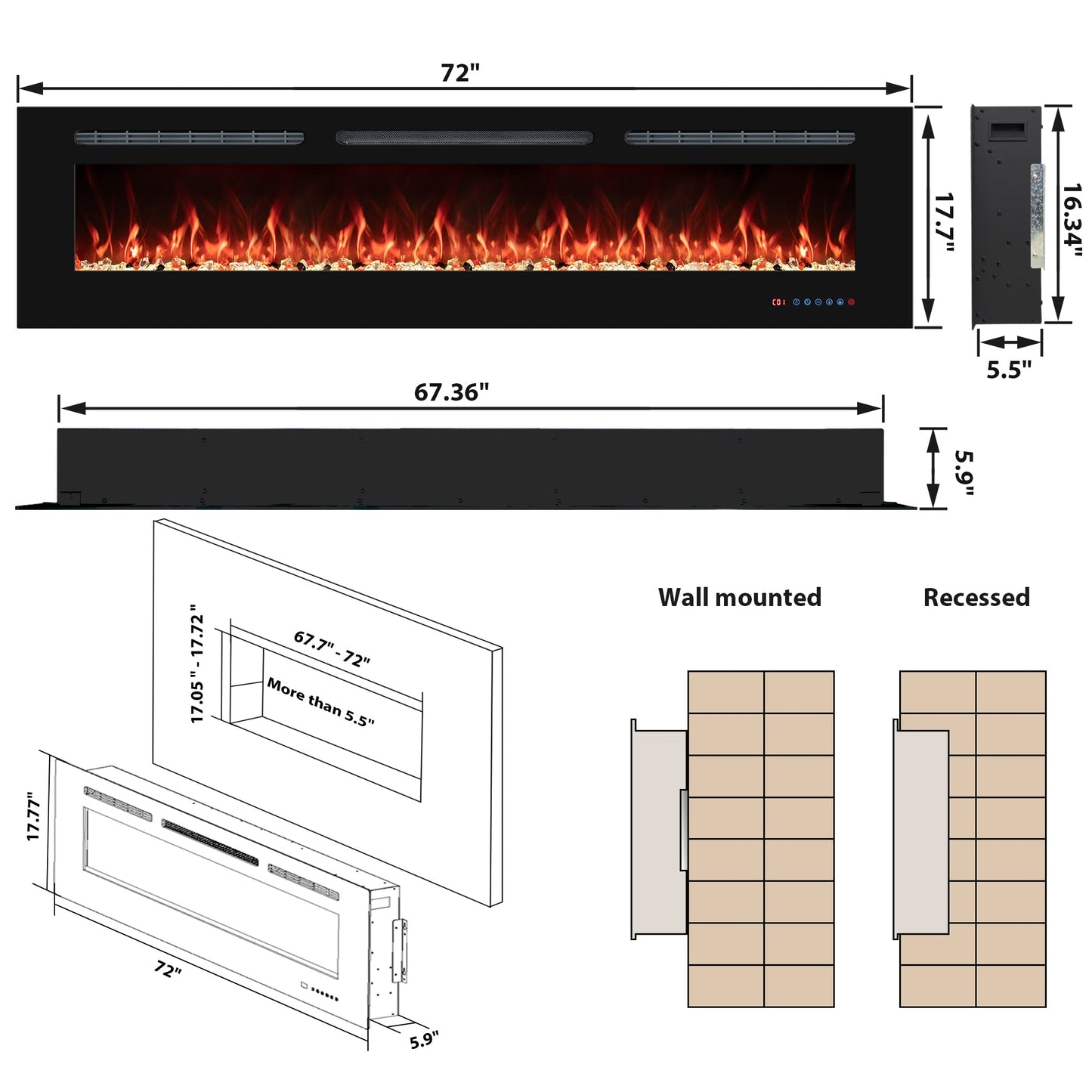 72" Electric Fireplaces Inserts, Recessed & Wall-Mounted Fireplace Heater with Thermostat, Multicolor Flames,Timer, Log & Crystal, 750/1500W