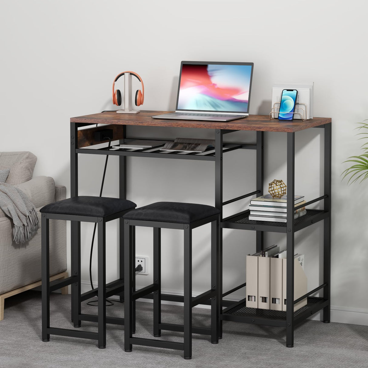 Gyfimoie Rustic Bar Table and Chair Set with Power Outlet, Storage Shelves, and Wine Rack Gyfimoie