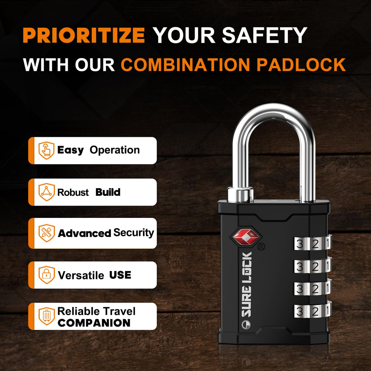 SURE LOCK TSA Accepted Heavy Duty Big Combination Luggage Padlock for Gun Cases, Transporting Equipment Cases in Trade Show, Music and Medical Industries (2, Black) SURE LOCK