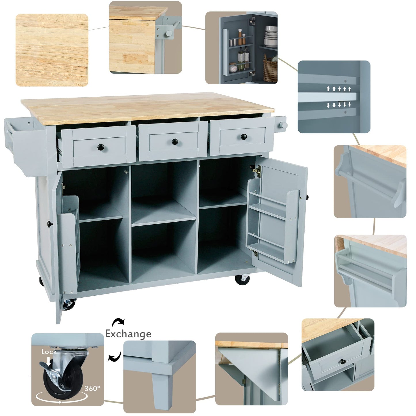 Rockingrun Blue Kitchen Cart with Drop-Leaf Rubber Wood Countertop, 5 Wheels, Storage Cabinets & Drawers - WoodArtSupply