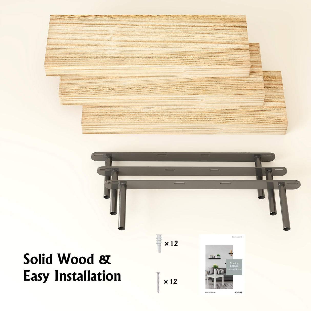 BOFIRE Wall Shelves, Floating Shelves for Wall, Wall Mounted Wood Shelves for Bedroom Laundry Living Room, Solid Wood Display Shelves Decor (Wooden, 17 Inch) BOFIRE