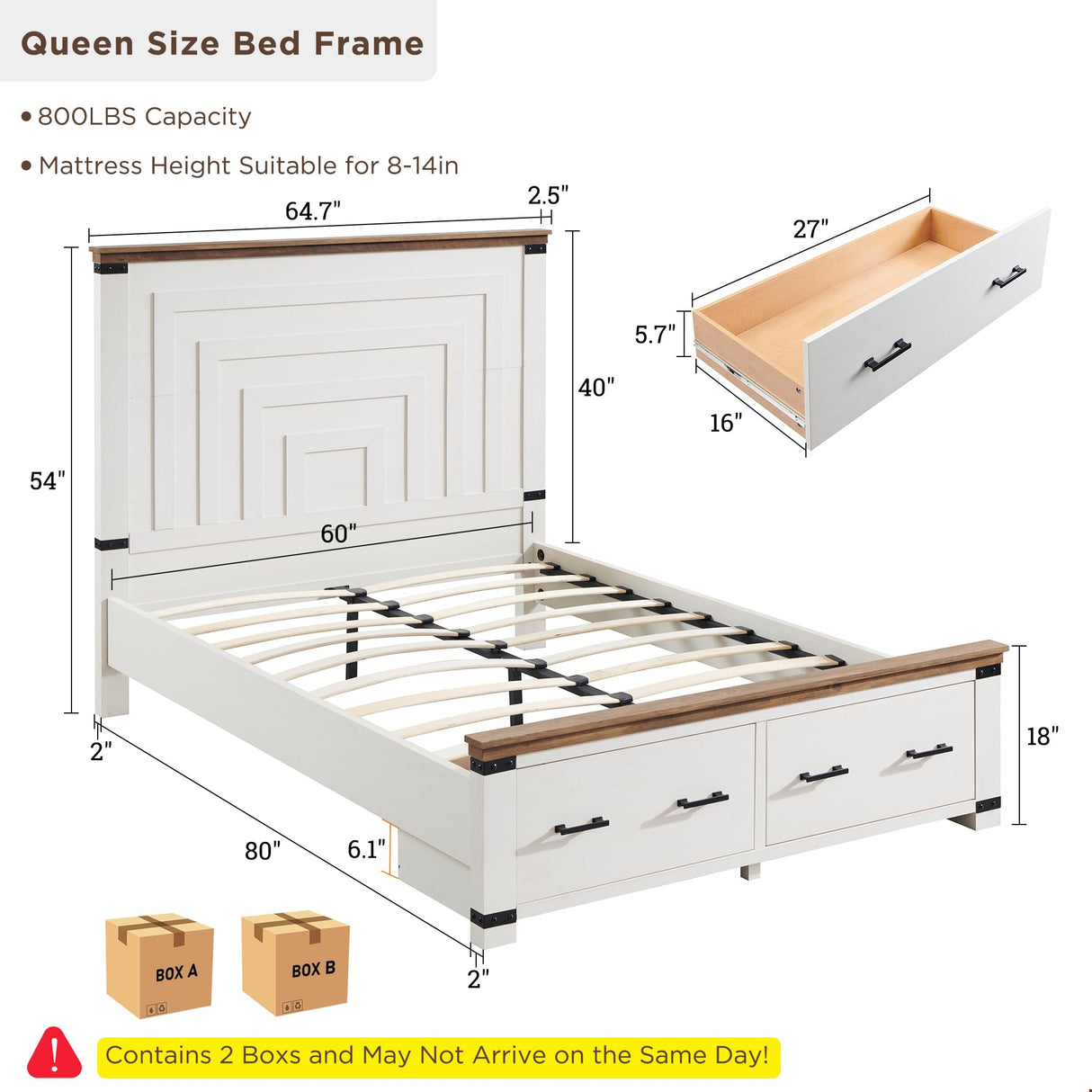 RedLemon Antique White Farmhouse Queen Bed Frame with 54" Geometric Headboard and Storage Drawers RedLemon